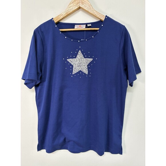 Quacker Factory Tops - Quacker Factory T Shirt Size Large Blue Star Rhinestones Short Sleeve